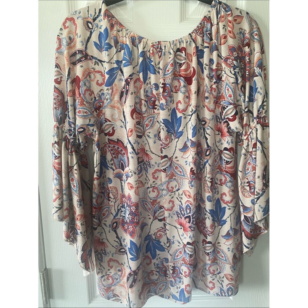 NAIF Tunic Light Pink Blue Red Coral Floral & Paisley Tie-Neck Split Sleeve Sz L - Picture 10 of 11